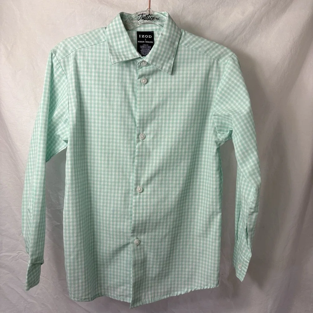 IZOD Boys Kids Checkered Button Down Shirt‎ Mint Green Long Sleeve Size 7R